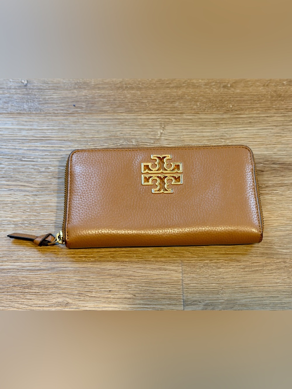 Tory Burch Pebbled Leather Continental Wallet in Cognac Tan with Gold Logo